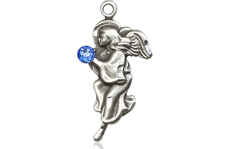 Sterling Silver Guardian Angel Medal with a 3mm Sapphire Swarovski stone