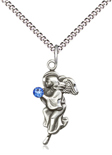 Sterling Silver Guardian Angel Pendant with a 3mm Sapphire Swarovski stone on a 18 inch Light Rhodium Light Curb chain