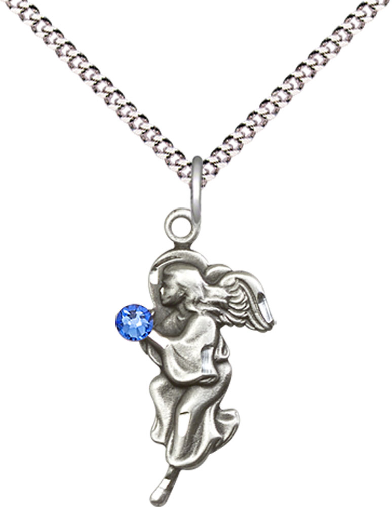 Sterling Silver Guardian Angel Pendant with a 3mm Sapphire Swarovski stone on a 18 inch Light Rhodium Light Curb chain