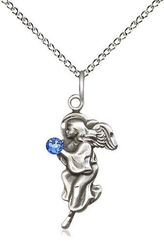 Sterling Silver Guardian Angel Pendant with a 3mm Sapphire Swarovski stone on a 18 inch Sterling Silver Light Curb chain