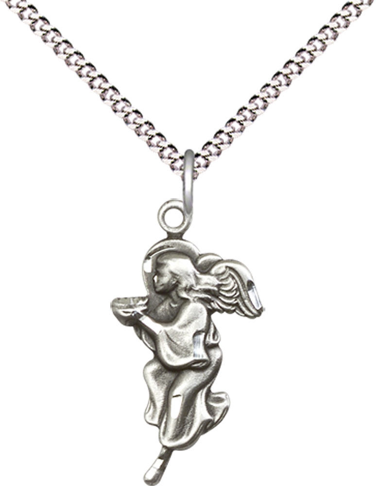 Sterling Silver Guardian Angel Pendant on a 18 inch Light Rhodium Light Curb chain