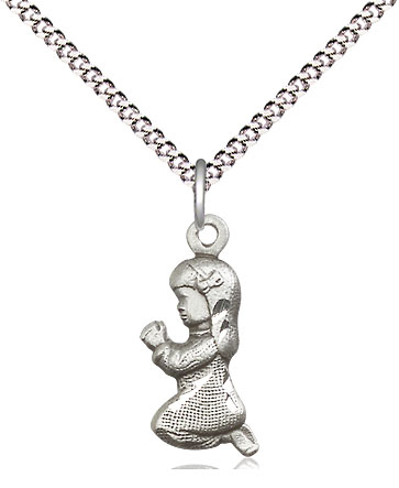 Sterling Silver Praying Girl Pendant on a 18 inch Light Rhodium Light Curb chain