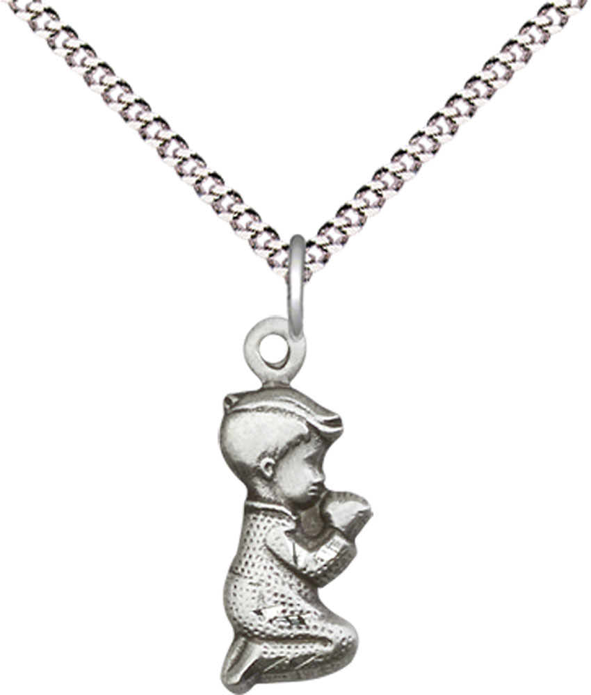 Sterling Silver Praying Boy Pendant on a 18 inch Light Rhodium Light Curb chain