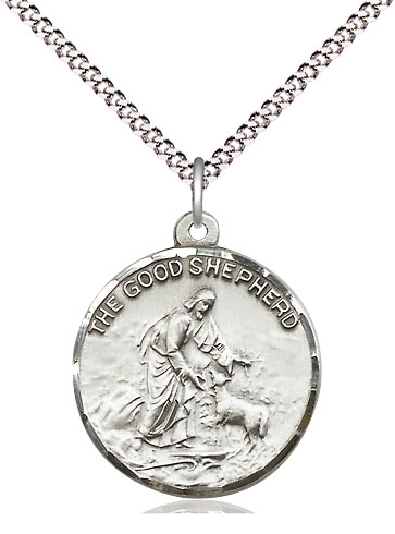 Sterling Silver Good Shepherd Pendant on a 18 inch Light Rhodium Light Curb chain