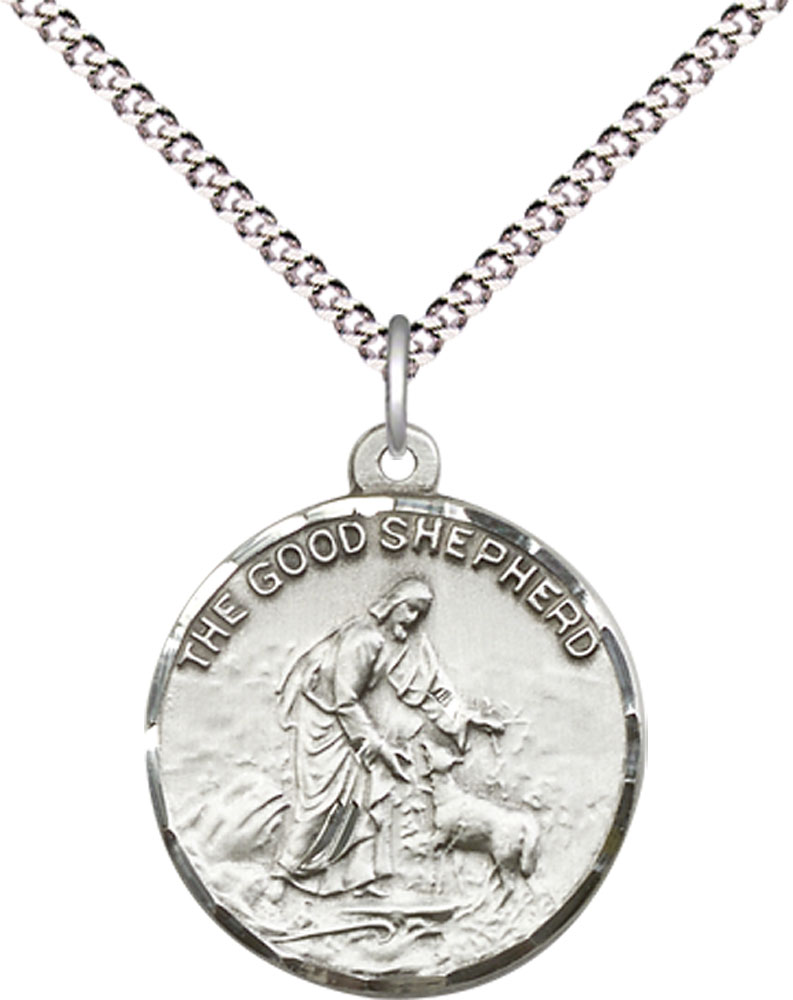 Sterling Silver Good Shepherd Pendant on a 18 inch Light Rhodium Light Curb chain