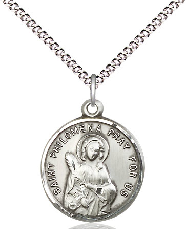 Sterling Silver Saint Philomena Pendant on a 18 inch Light Rhodium Light Curb chain