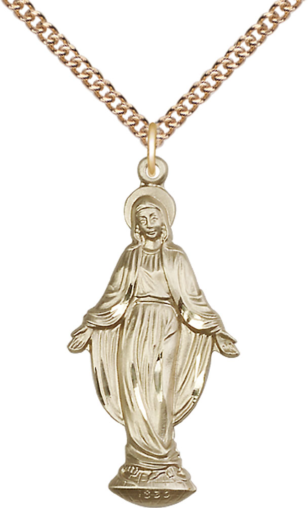 14kt Gold Filled Miraculous Pendant on a 24 inch Gold Filled Heavy Curb chain