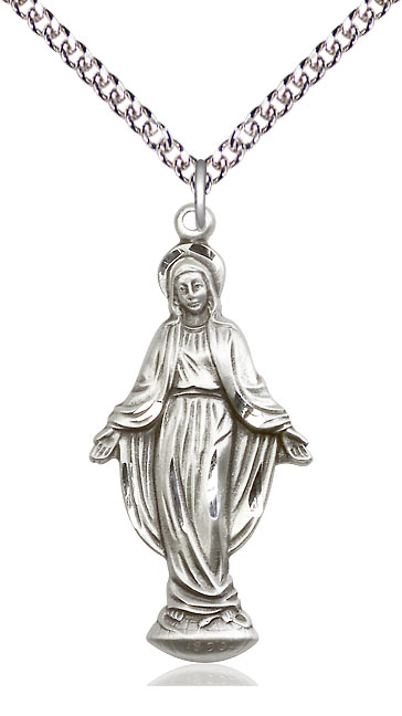 Sterling Silver Miraculous Pendant on a 24 inch Sterling Silver Heavy Curb chain