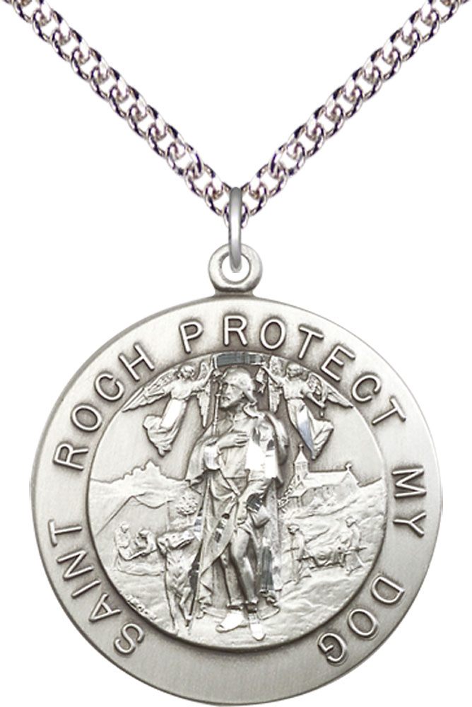 Sterling Silver Saint Roch Pendant on a 24 inch Sterling Silver Heavy Curb chain