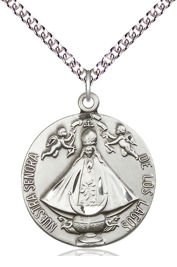 Sterling Silver Senora de Los Lagos Pendant on a 24 inch Sterling Silver Heavy Curb chain