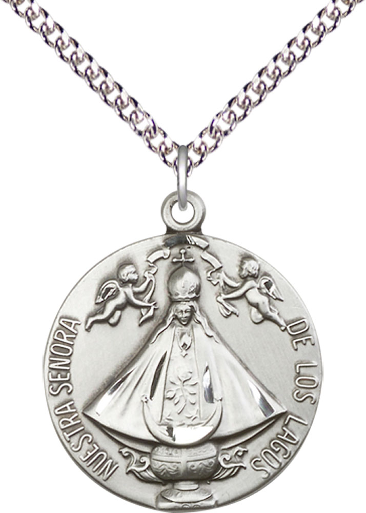 Sterling Silver Senora de Los Lagos Pendant on a 24 inch Sterling Silver Heavy Curb chain