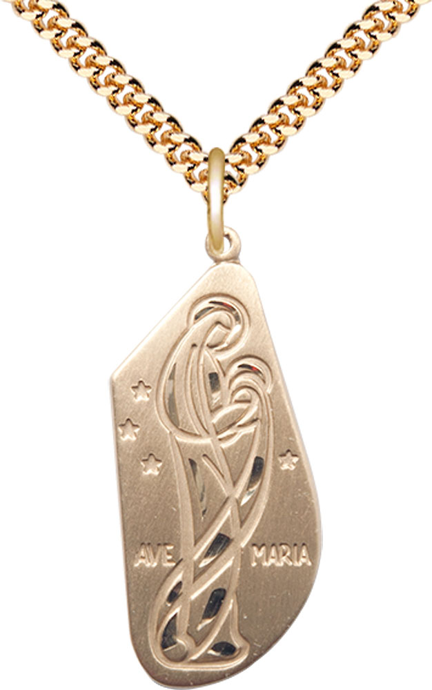 14kt Gold Filled Ave Maria Pendant on a 24 inch Gold Plate Heavy Curb chain