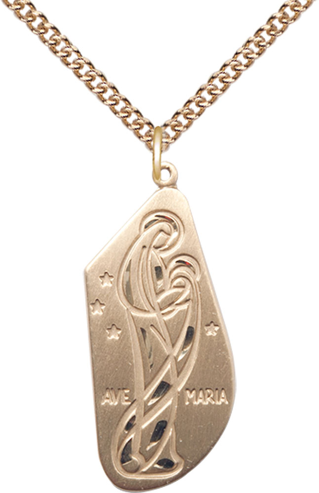 14kt Gold Filled Ave Maria Pendant on a 24 inch Gold Filled Heavy Curb chain