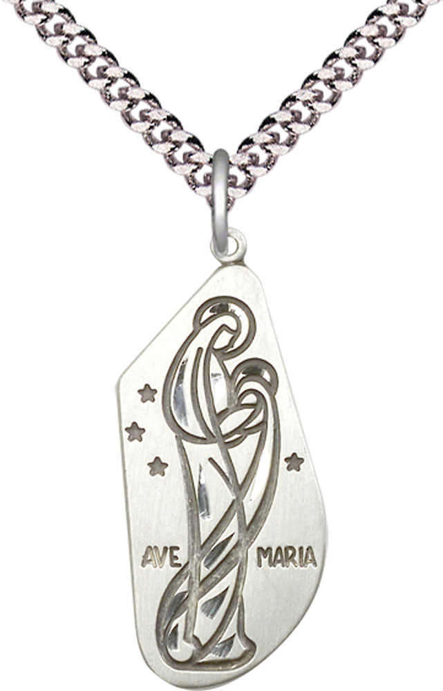 Sterling Silver Ave Maria Pendant on a 24 inch Light Rhodium Heavy Curb chain