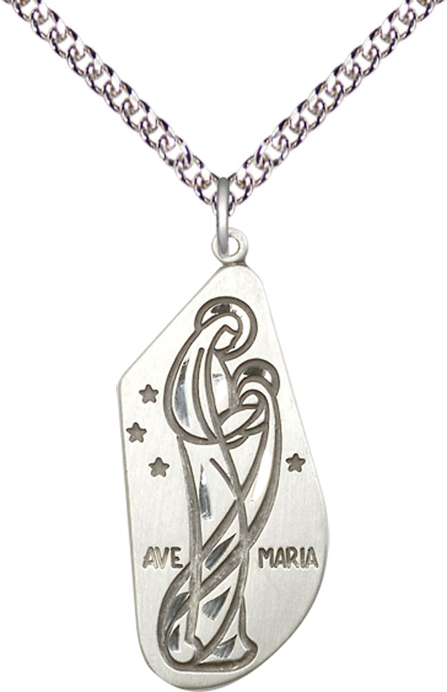 Sterling Silver Ave Maria Pendant on a 24 inch Sterling Silver Heavy Curb chain