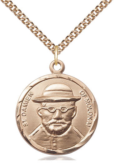 14kt Gold Filled Saint Damien of Molokai Pendant on a 24 inch Gold Filled Heavy Curb chain