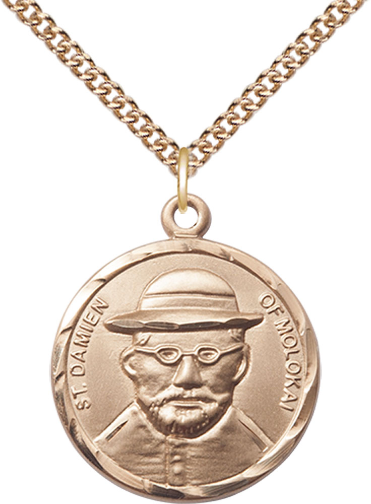 14kt Gold Filled Saint Damien of Molokai Pendant on a 24 inch Gold Filled Heavy Curb chain