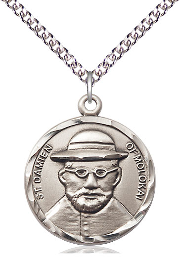Sterling Silver Saint Damien of Molokai Pendant on a 24 inch Sterling Silver Heavy Curb chain