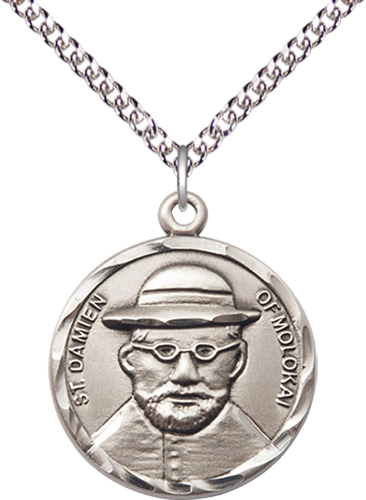 Sterling Silver Saint Damien of Molokai Pendant on a 24 inch Sterling Silver Heavy Curb chain