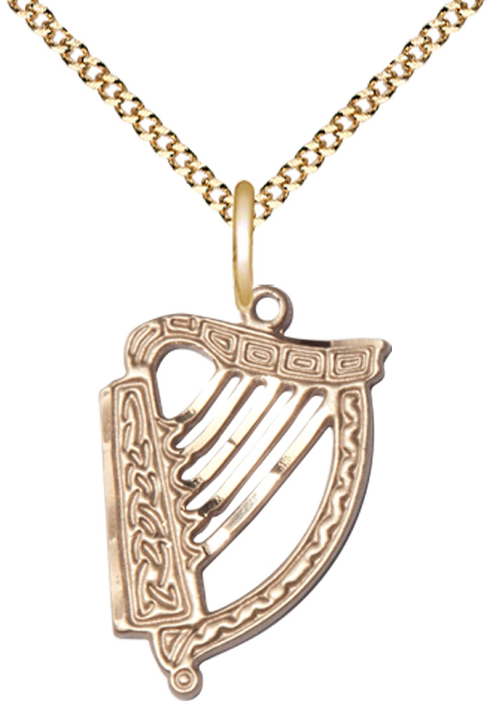 14kt Gold Filled Irish Harp Pendant on a 18 inch Gold Plate Light Curb chain