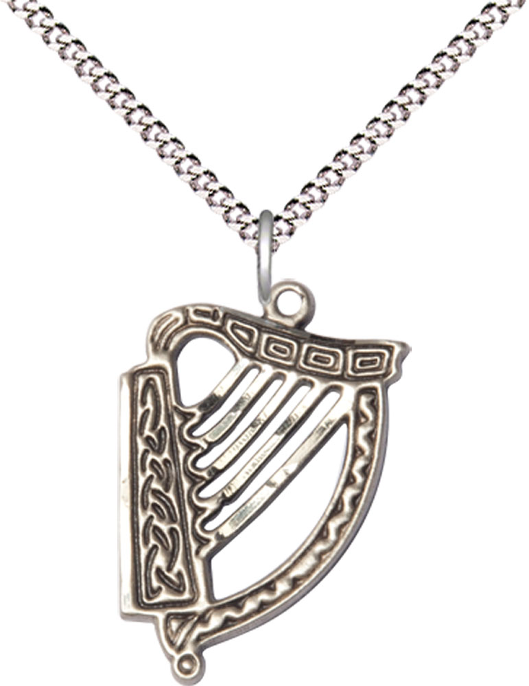 Sterling Silver Irish Harp Pendant on a 18 inch Light Rhodium Light Curb chain