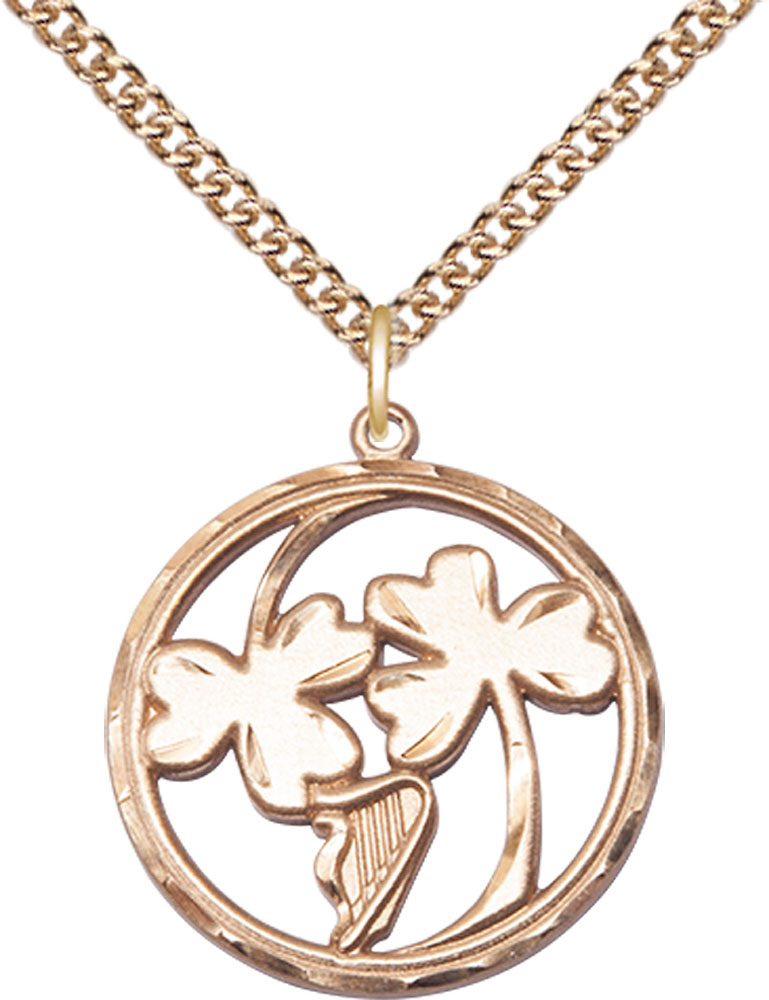 14kt Gold Filled Irish Shamrock Harp Pendant on a 24 inch Gold Filled Heavy Curb chain