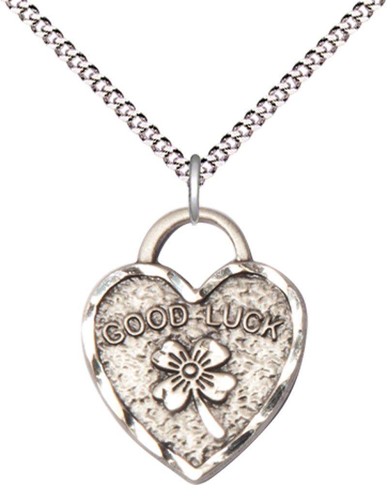 Sterling Silver Good Luck Shamrock Heart Pendant on a 18 inch Light Rhodium Light Curb chain