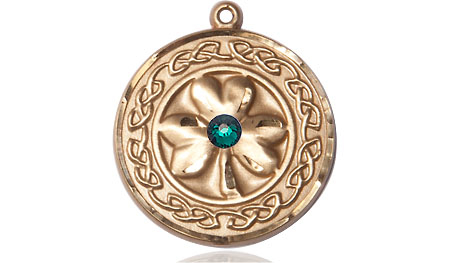 14kt Gold Filled Shamrock w/Celtic Border &amp; Emerald Stone Medal with a 3mm Emerald Swarovski stone