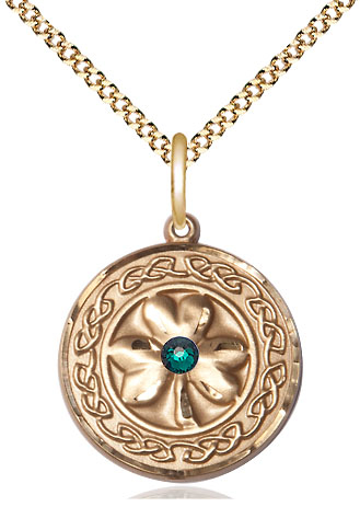 14kt Gold Filled Shamrock w/Celtic Border &amp; Emerald Stone Pendant with a 3mm Emerald Swarovski stone on a 18 inch Gold Plate Light Curb chain