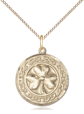 14kt Gold Filled Shamrock w/Celtic Border Pendant on a 18 inch Gold Filled Light Curb chain