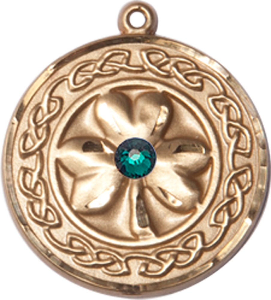 14kt Gold Shamrock w/Celtic Border &amp; Emerald Stone Medal with a 3mm Emerald Swarovski stone