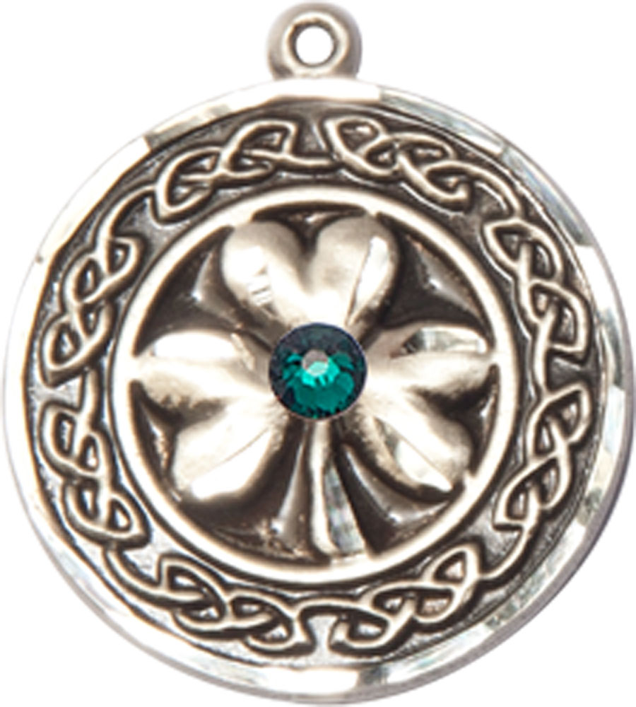 Sterling Silver Shamrock w/Celtic Border &amp; Emerald Stone Medal with a 3mm Emerald Swarovski stone