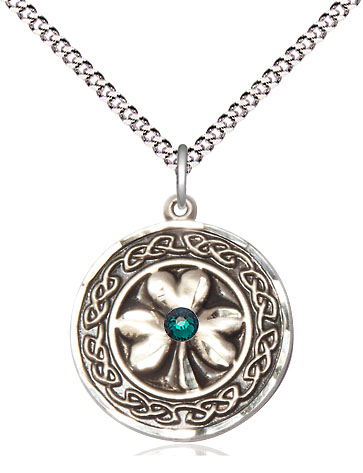 Sterling Silver Shamrock w/Celtic Border &amp; Emerald Stone Pendant with a 3mm Emerald Swarovski stone on a 18 inch Light Rhodium Light Curb chain