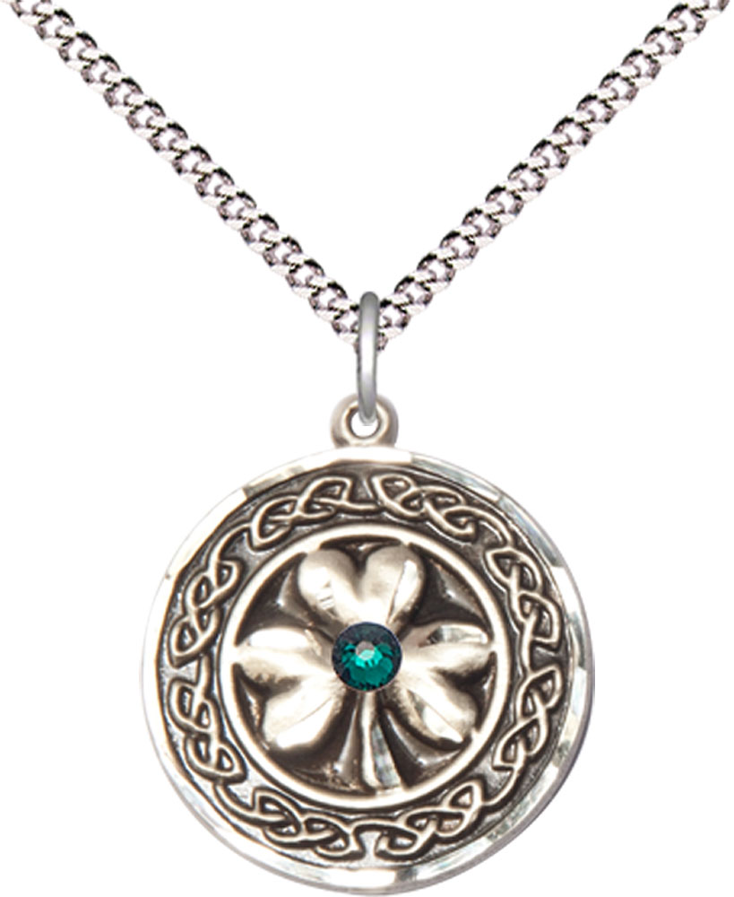 Sterling Silver Shamrock w/Celtic Border &amp; Emerald Stone Pendant with a 3mm Emerald Swarovski stone on a 18 inch Light Rhodium Light Curb chain