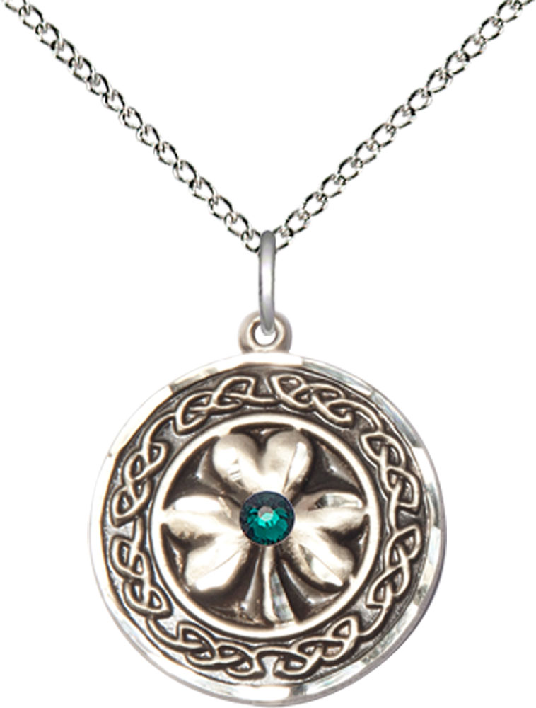 Sterling Silver Shamrock w/Celtic Border &amp; Emerald Stone Pendant with a 3mm Emerald Swarovski stone on a 18 inch Sterling Silver Light Curb chain