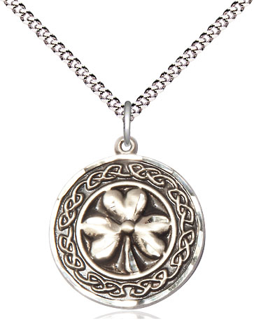 Sterling Silver Shamrock w/Celtic Border Pendant on a 18 inch Light Rhodium Light Curb chain