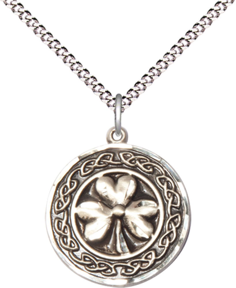 Sterling Silver Shamrock w/Celtic Border Pendant on a 18 inch Light Rhodium Light Curb chain