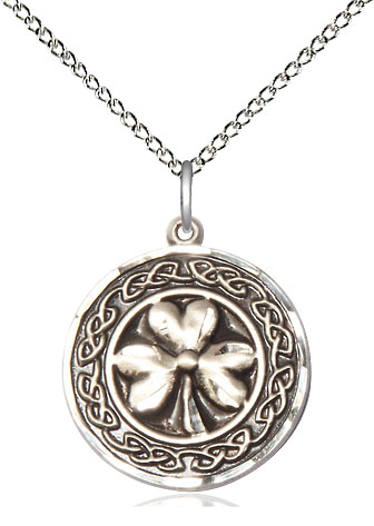 Sterling Silver Shamrock w/Celtic Border Pendant on a 18 inch Sterling Silver Light Curb chain