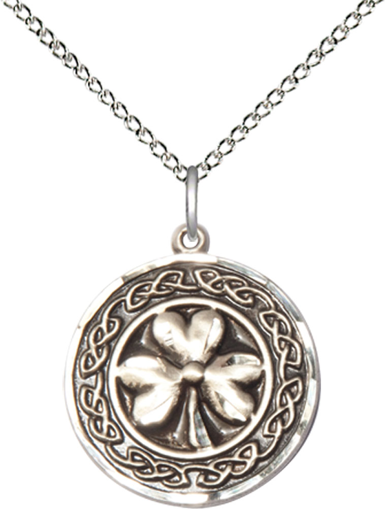 Sterling Silver Shamrock w/Celtic Border Pendant on a 18 inch Sterling Silver Light Curb chain