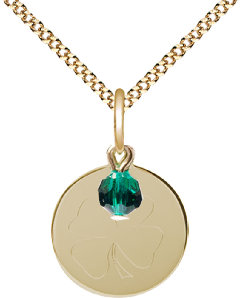 14kt Gold Filled Shamrock Pendant with a Emerald bead on a 18 inch Gold Plate Light Curb chain