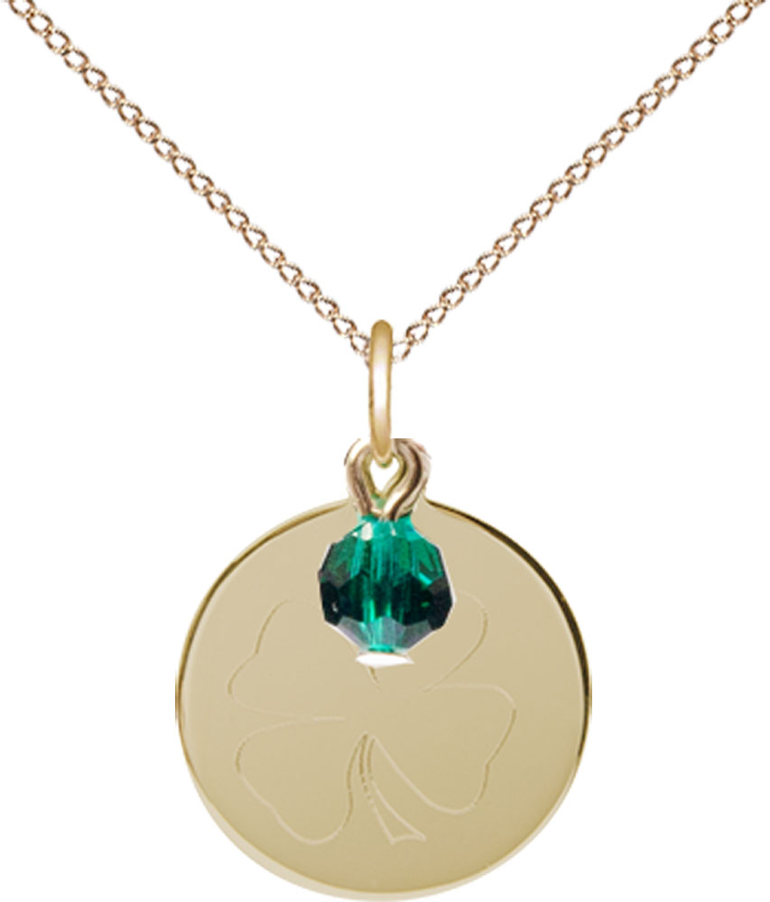 14kt Gold Filled Shamrock Pendant with a Emerald bead on a 18 inch Gold Filled Light Curb chain