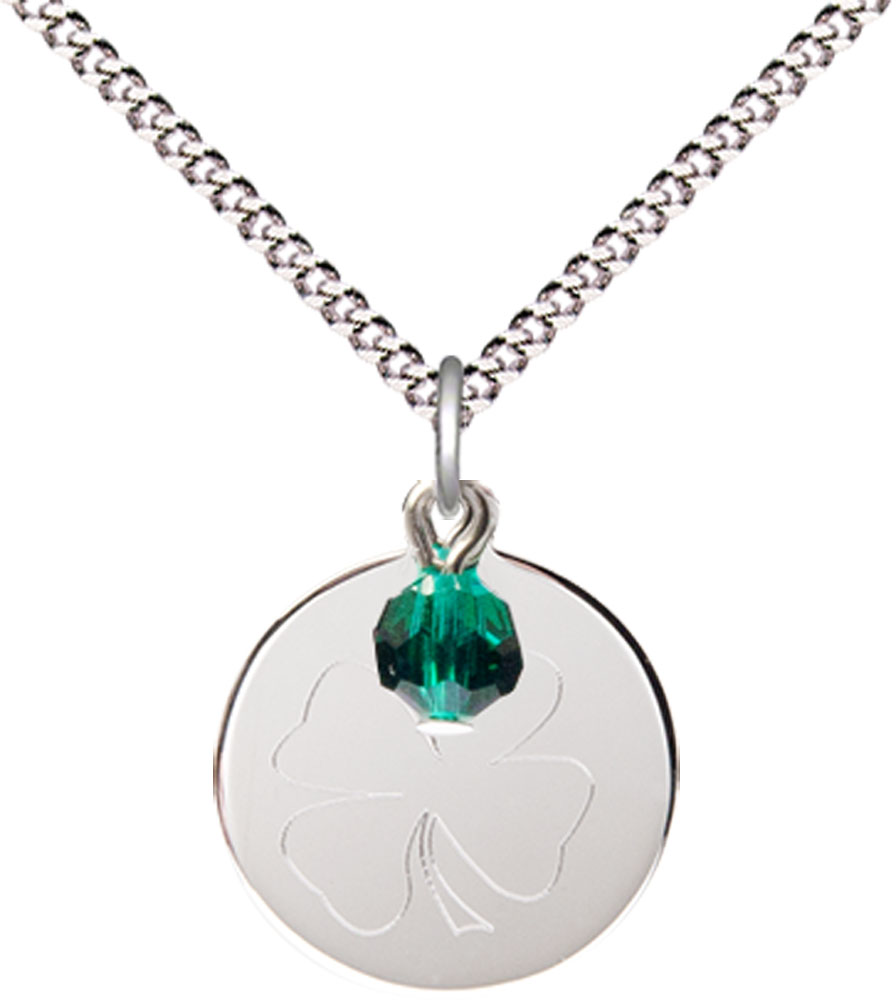 Sterling Silver Shamrock Pendant with a Emerald bead on a 18 inch Light Rhodium Light Curb chain