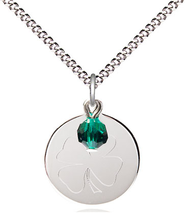 Sterling Silver Shamrock Pendant with a Emerald bead on a 18 inch Light Rhodium Light Curb chain