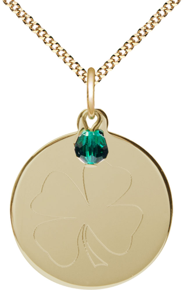 14kt Gold Filled Shamrock Pendant with a Emerald bead on a 18 inch Gold Plate Light Curb chain