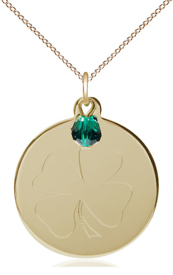 14kt Gold Filled Shamrock Pendant with a Emerald bead on a 18 inch Gold Filled Light Curb chain