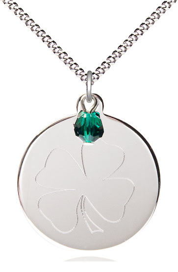 Sterling Silver Shamrock Pendant with a Emerald bead on a 18 inch Light Rhodium Light Curb chain