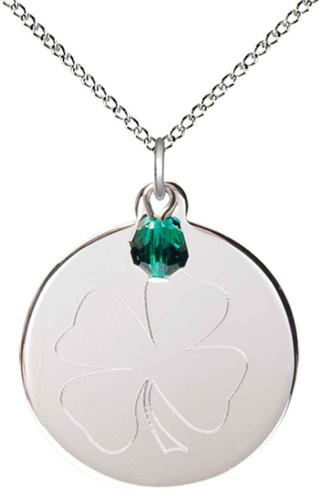 Sterling Silver Shamrock Pendant with a Emerald bead on a 18 inch Sterling Silver Light Curb chain