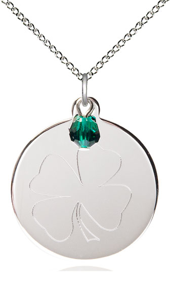 Sterling Silver Shamrock Pendant with a Emerald bead on a 18 inch Sterling Silver Light Curb chain