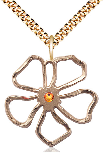 14kt Gold Filled Five Petal Flower Pendant with a 3mm Topaz Swarovski stone on a 24 inch Gold Plate Heavy Curb chain