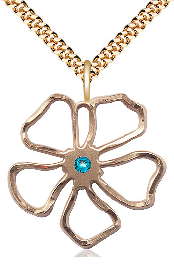 14kt Gold Filled Five Petal Flower Pendant with a 3mm Zircon Swarovski stone on a 24 inch Gold Plate Heavy Curb chain